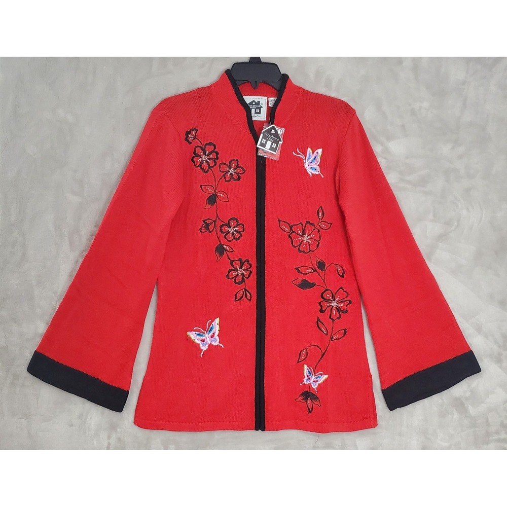 Storybook Knits Sweater S Embroidered Butterfly Away Red Sequin Cardigan NWT